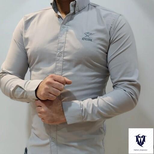 پیراهن مردانه طوسی روشن آستین بلند  اندامی کشی ساده بنگال گرم بالا m تا 6xl