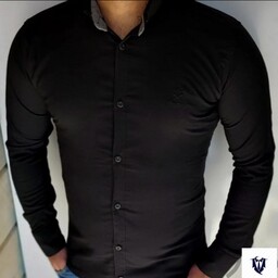 پیراهن مردانه مشکی سوپر نخی کشی آستین بلند  ساده  بنگال ضمانتی