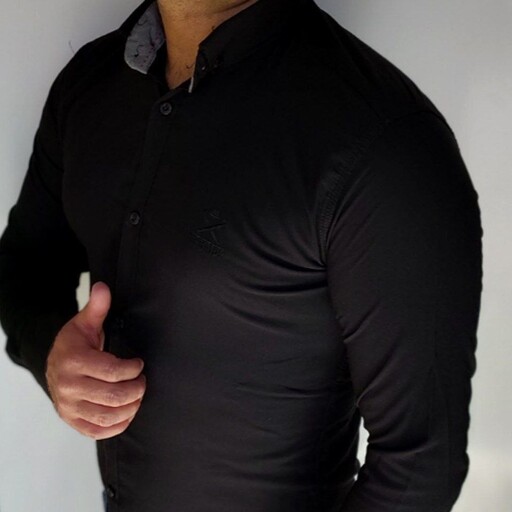 پیراهن مردانه مشکی سوپر نخی کشی آستین بلند  ساده  بنگال ضمانتی