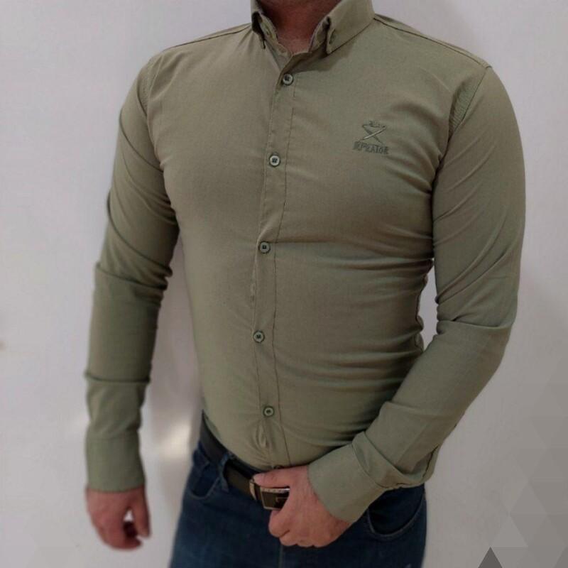 پیراهن مردانه سبز سدری ساده آستین بلند جنس کشی