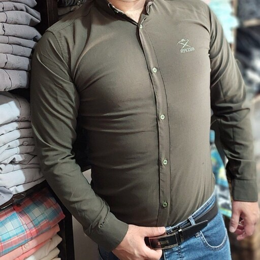 پیراهن مردانه سبز  ارتشی یشمی اندامی کش (ارسال رایگان) لجنی بنگال کشی آستین بلند ساده