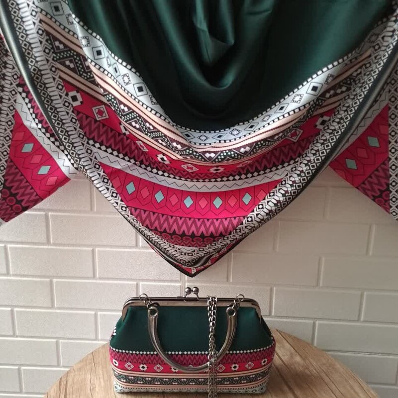 ست کیف و روسری مجلسی رنگ سبز سرخابی شیک طرح کیف جدید قفلی ارسال رایگان  na36