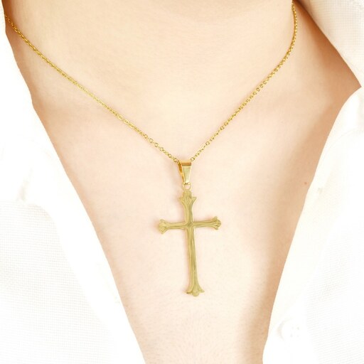 گردنبند استیل طلایی طرح صلیب بدون زنجیر کد 8689