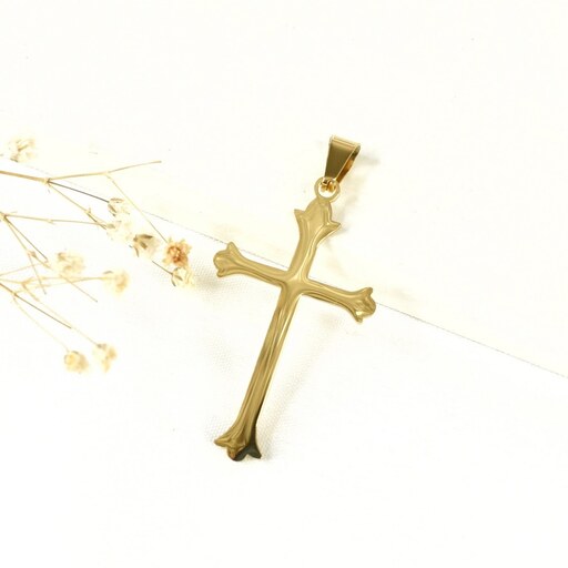 گردنبند استیل طلایی طرح صلیب بدون زنجیر کد 8689