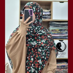 روسری گلگلی دخترانه زمینه سیاه گل سفید و قرمز محصول ایرانی باکیفیت جنس سوپر نخ سایز 140سانت ارسال به سراسر کشور 