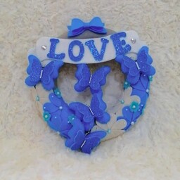 حلقه آویز نمدی حلقه در دیوارکوب آویز اتاق طرح پروانه اکلیلی افران ترکیب رنگ آبی و طوسی