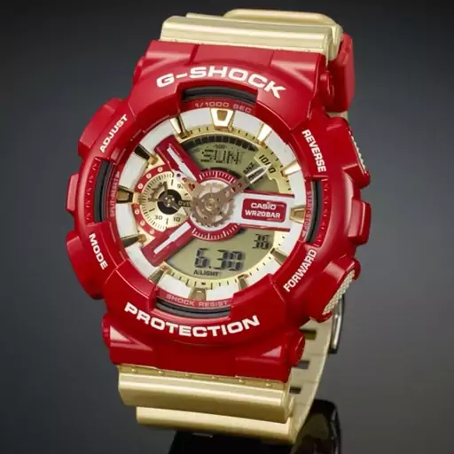 ساعت  مچی جی شاک GA110 طلایی قرمز  (جیشاک GShock) ، صد در صد ضدآب ، تنظیم اتوماتیک با پایتخت کشورها ، اتولایت دار