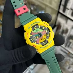 ساعت  مچی جی شاک GA110 جاماییکا سبز زرد  (جیشاک GShock) ، صد در صد ضدآب ، تنظیم اتوماتیک با پایتخت کشورها ، اتولایت دار