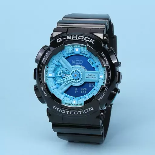 ساعت  مچی جی شاک GA110 مشکی آبی(جیشاک GShock) ، صد در صد ضدآب ، تنظیم اتوماتیک با پایتخت کشورها، اتولایت دار