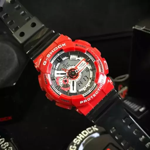 ساعت  مچی جی شاک GA110 قرمز مشکی (جیشاک GShock) ، صد در صد ضدآب ، تنظیم اتوماتیک با پایتخت کشورها ، اتولایت دار