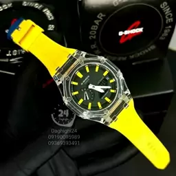 ساعت  مچی جی شاک GA2100 دور شیشه ای کریستال زرد هشت ضلعی(جیشاک GShock) تنظیم اتوماتیک با پایتخت کشورها ،اتولایت اتوماتیک