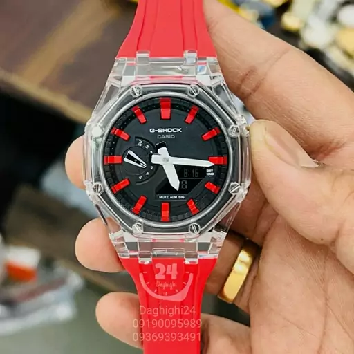 ساعت  مچی جی شاک GA2100 دور شیشه ای کریستال قرمز هشت ضلعی(جیشاک GShock)تنظیم اتوماتیک با پایتخت کشورها ،اتولایت اتوماتیک