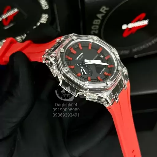 ساعت  مچی جی شاک GA2100 دور شیشه ای کریستال قرمز هشت ضلعی(جیشاک GShock)تنظیم اتوماتیک با پایتخت کشورها ،اتولایت اتوماتیک