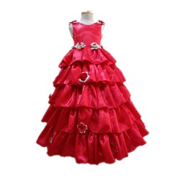 لباس مجلسی دخترانه.  جنس ساتن و تور  تزیین رویه لباس گل رز جنسش دیسکو نقره ای و قرمز  هست ژپون و فنر میخوره