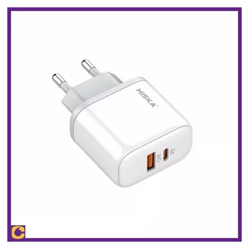 کلگی شارژر فست 45w  HISKA  مدل H-108  ( دارای دو پورت USB و  type c ، قابلیت  شارژ سریع ، همراه با یک کابل تایپ سی)