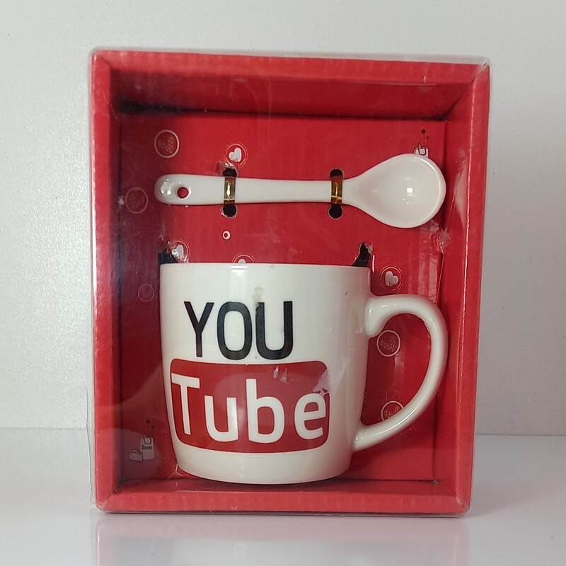 ماگ جعبه کادویی  قاشق دار  یوتیوب YOU Tube وارداتی درجه یک ، ماگ دمنوش 