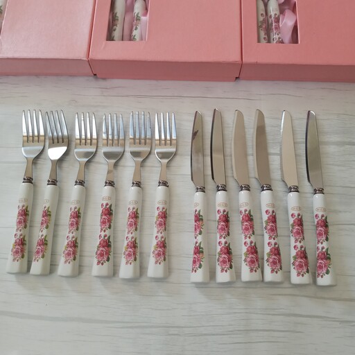 چاقو و چنگال سرامیکی12 عددی دسته سرامیکی مارک ام جی اس (MGS) 6عدد چنگال و 6 عدد کارد میوه خوری رنگ صورتی (کارد و چنگال )
