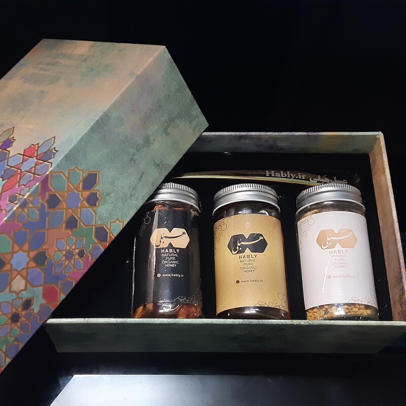 گیفت باکس عسل شماره 1 ، عسل و مغز ، عسل کاکوتی ، گرده گل ، قاشق بلند طلایی