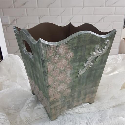 سطل و جعبه ی دستمال کاغذی با رنگ و پتینه ی سبز و قهوه ای و نقره ای