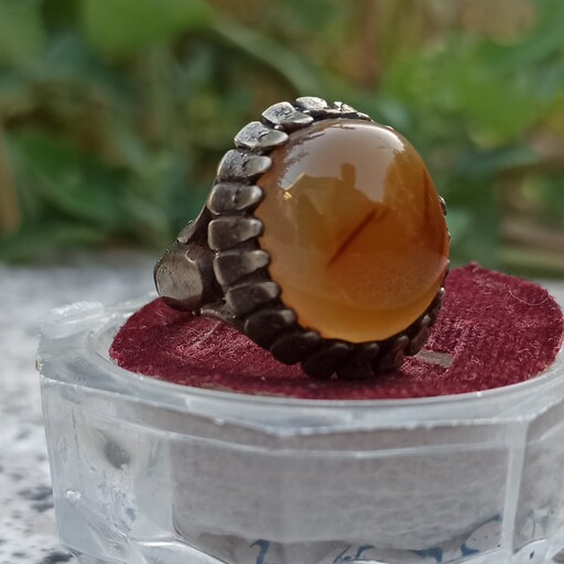انگشتر نقره عقیق جزع عسلی یمنی اصل معدنی درجه یک زیبا