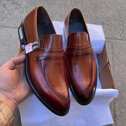 کفش مجلسی مردانه بی بند تمام چرم طرح آجری  در دو رنگ مشکی و عسلی  