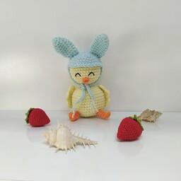 عروسک بافتنی طرح جوجه کلاه خرگوشی  19سانتی متر