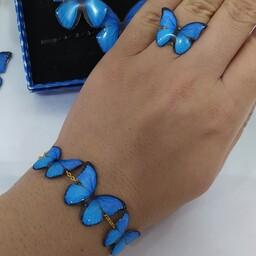 دستبند و انگشتر هدیه پروانه آبی رزینی