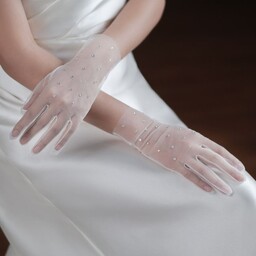 دستکش عروس توری سفید عروس نگین دار ساده شیک