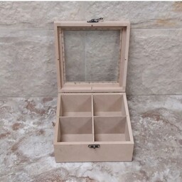 جعبه تی بک چوبی با درب شیشه ای چهار قسمتی خام و بدون رنگ مناسب پذیرایی و آشپزخانه رنگاچوب