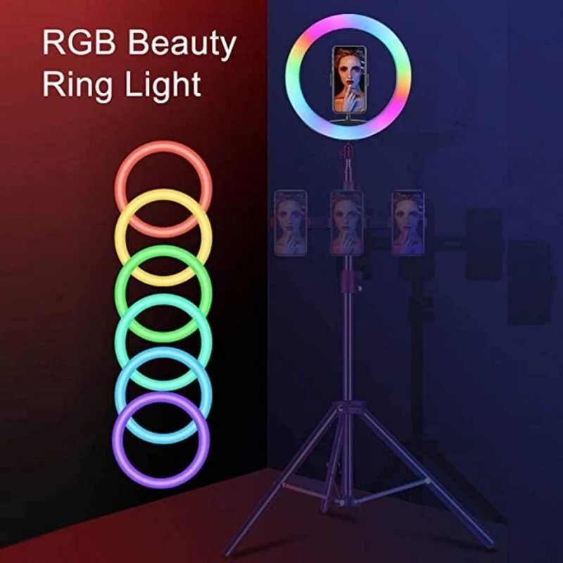 رینگ لایت رنگیRGB ، آفتابی ، مهتابی ، صدفی  مدل RGB LED 26 به همراه سه پایه 2 متری



