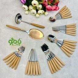 سرویس کامل قاشق و چنگال 45 پارچه دسته چوبی بامبو تیغه استیل