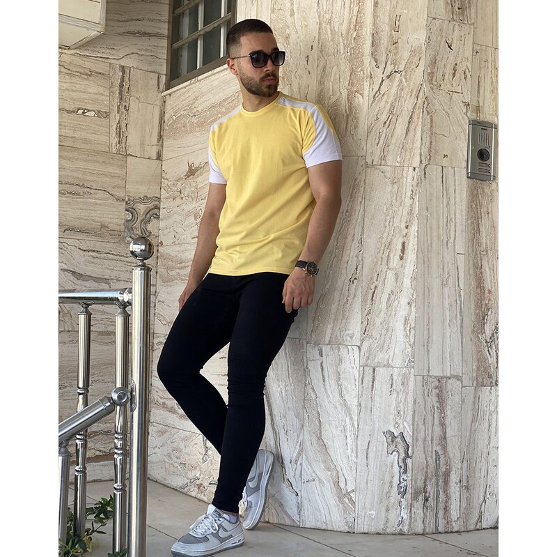 تیشرت مردانه E115 برساد رنگ زرد-سفید سایز XL