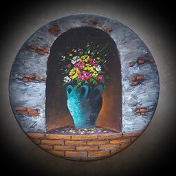 نقاشی رنگ روعن روی سفال گلدان روی طاقچه قدیمی 20 در 20 برجسته و قاب شستشو 