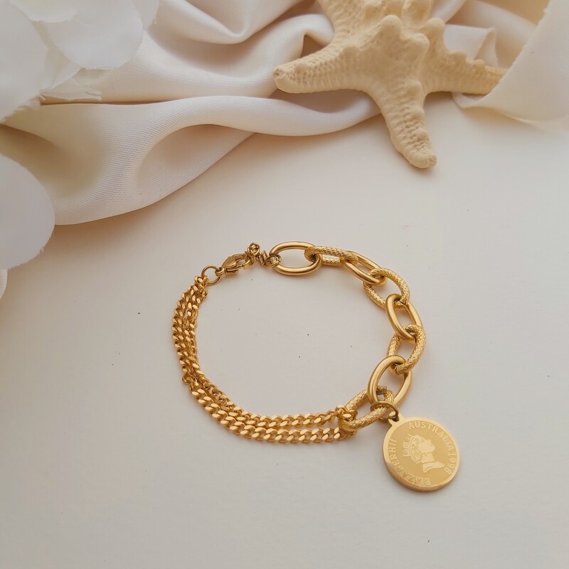 دستبند زنجیری رنگ ثابت  با سکه الیزابت زنانه مشابه طلا