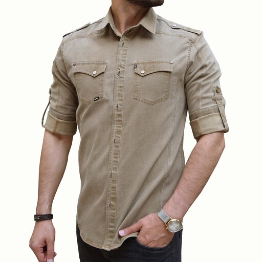 پیراهن آستین بلند مردانه پایتی جامه مدل کتان کش اسپورت رنگ کرم مایل به قهوه ای