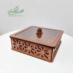 
جعبه پذیرایی آجیل، شکلات و جواهرات کدHB11، جنس چوب درجه 1، رنگ گردویی روشن، 15در15درارتفاع 5سانتیمتر