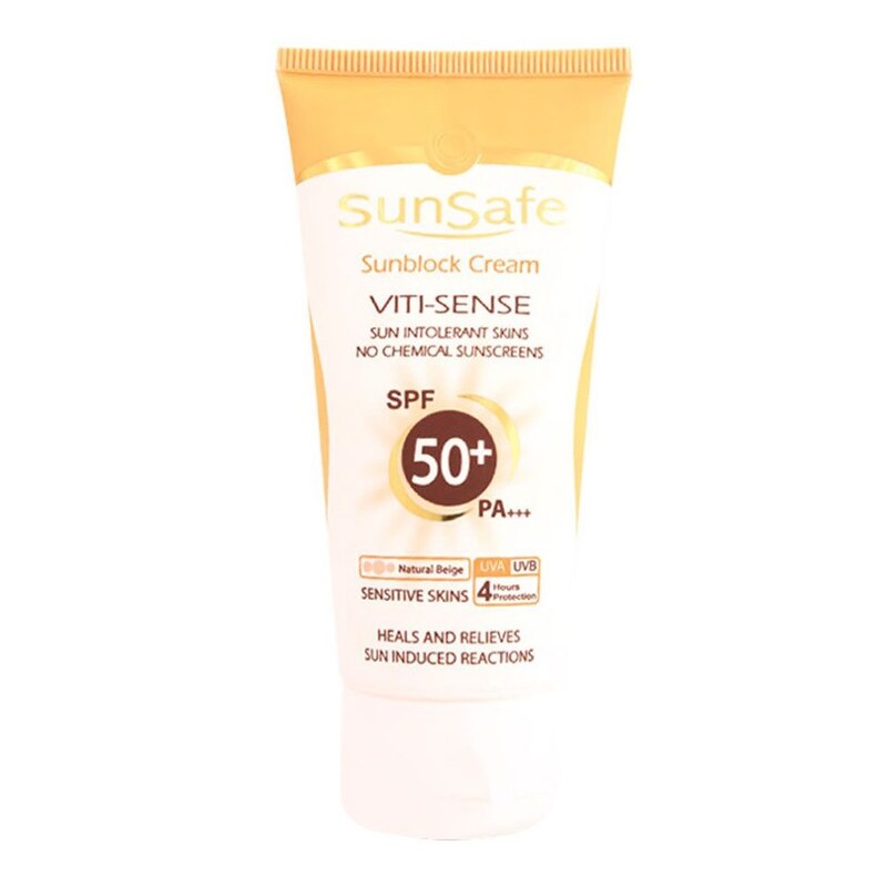 کرم ضد آفتاب SPF50 فاقد جاذب های شیمیایی سان سیف 50 گرم