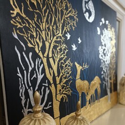 تابلو  دکوراتیوکاملا برجسته ماه و گوزن،اجرا شده با تکسچر و ورق طلای اصل