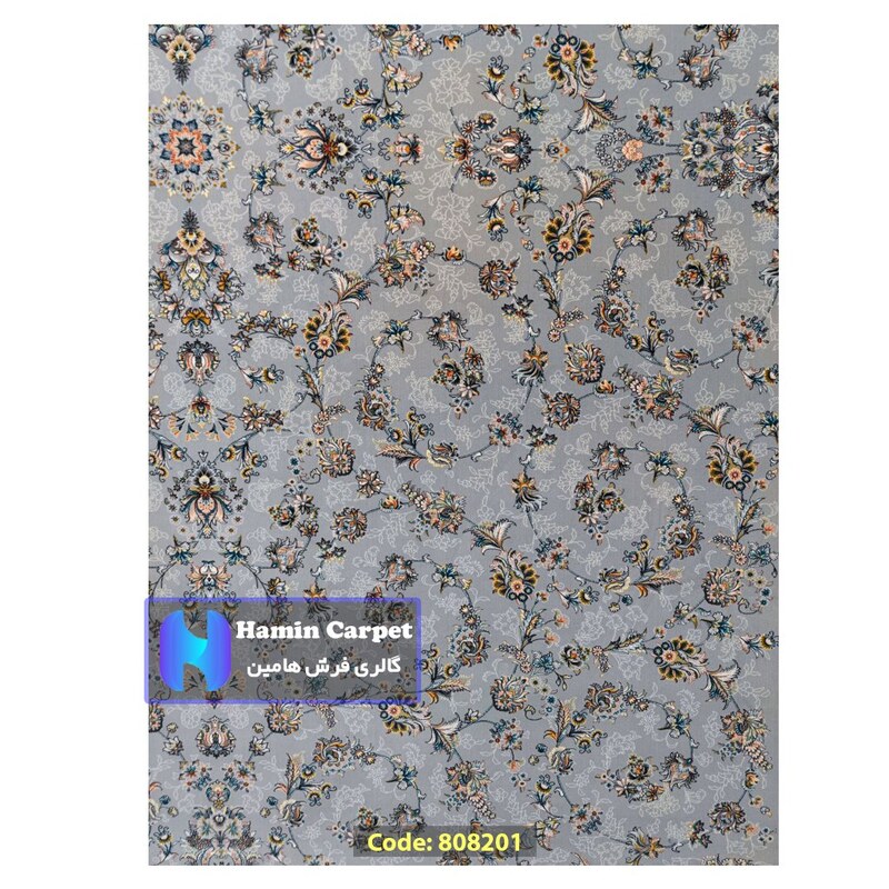 فرش 6 متری 700شانه تراکم 2550 نخ آکلریک رنگ زمینه نقره ای کد AR808201