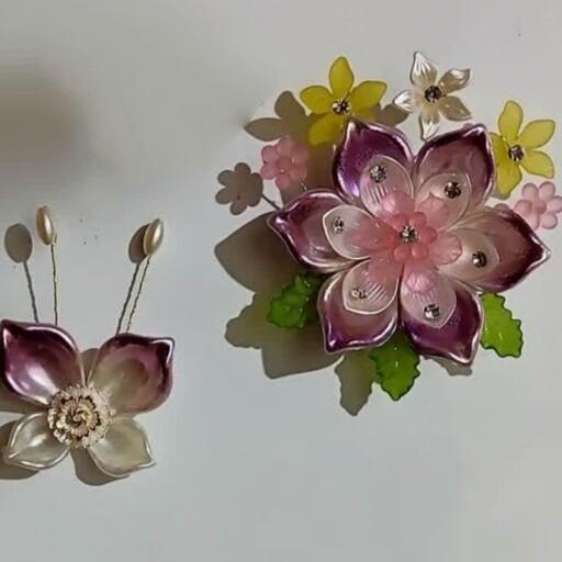 گل کریستالی مگنت یخچال به همراه پروانه، مجموعه دو عددی، رنگ یاسی صدفی دو رنگ.
