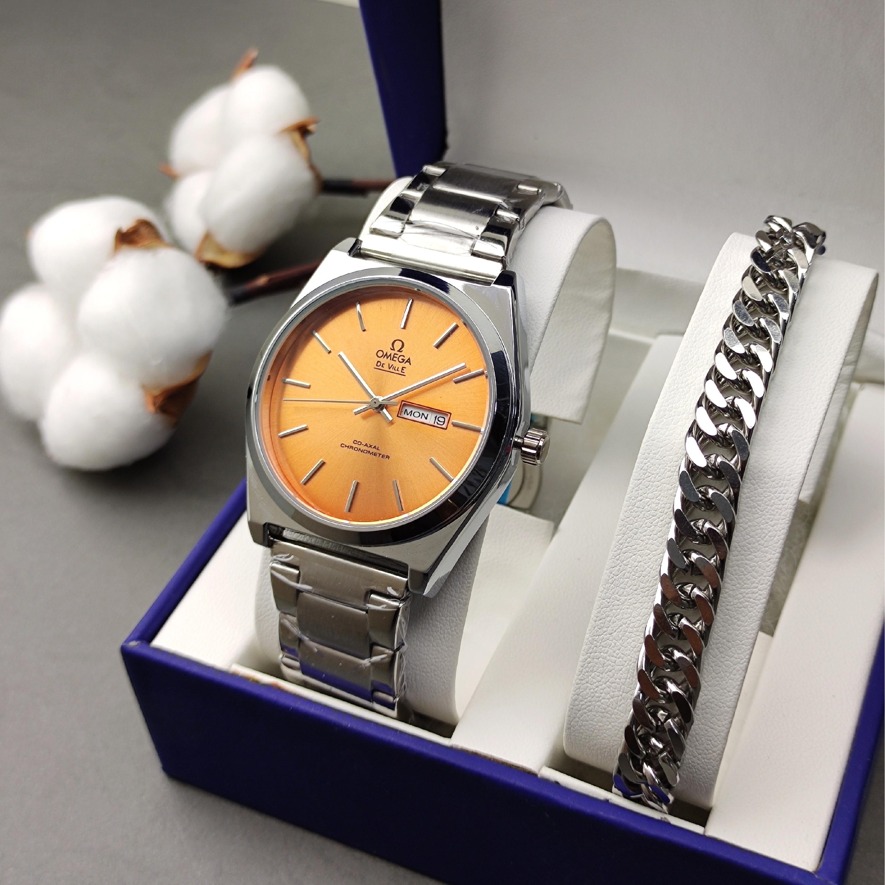 ساعت مچی ست مردانه امگا Omega همراه دستبند صفحه زرد