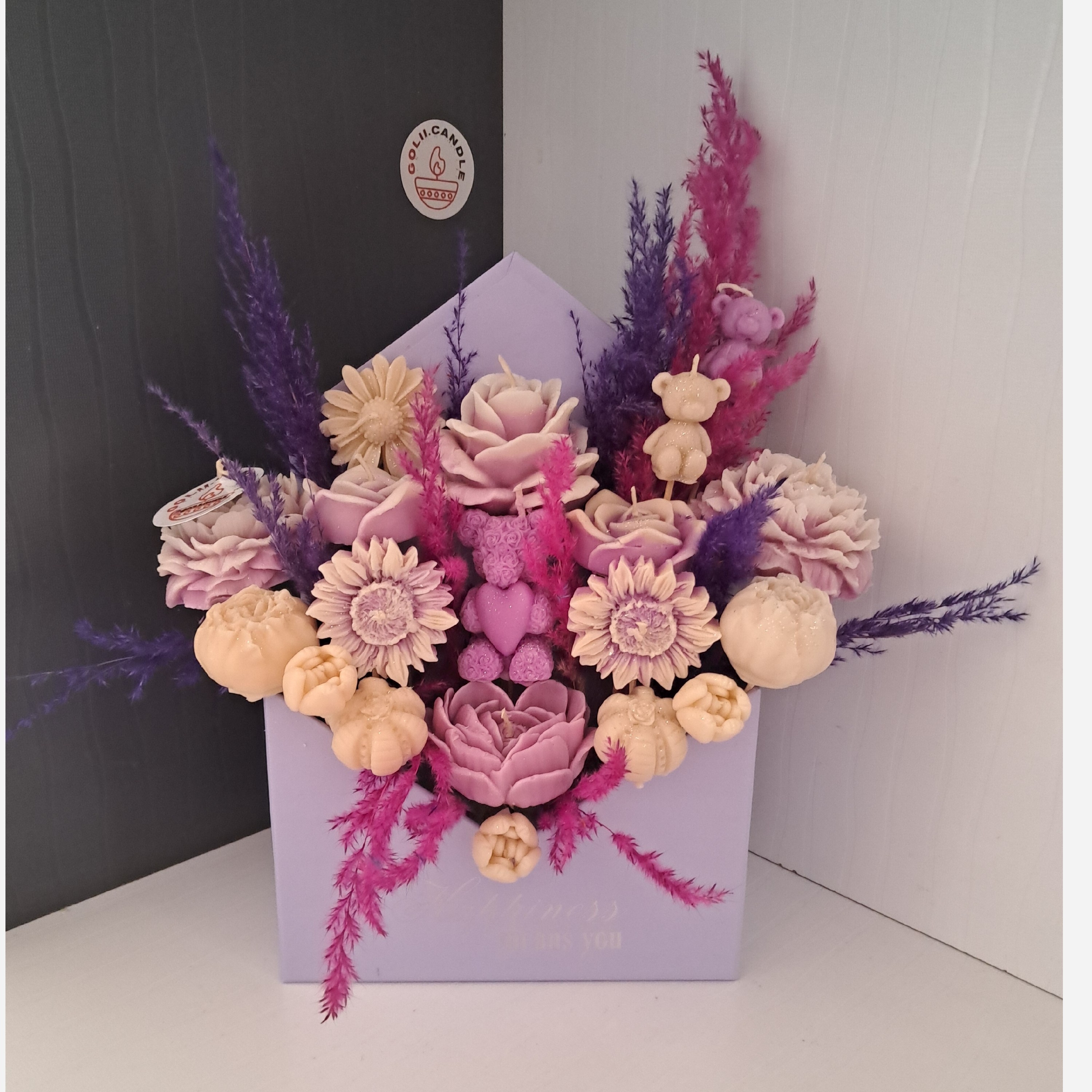 باکس گل شمعی جاودان مدل پاکت نامه رنگ یاسی (پس کرایه)