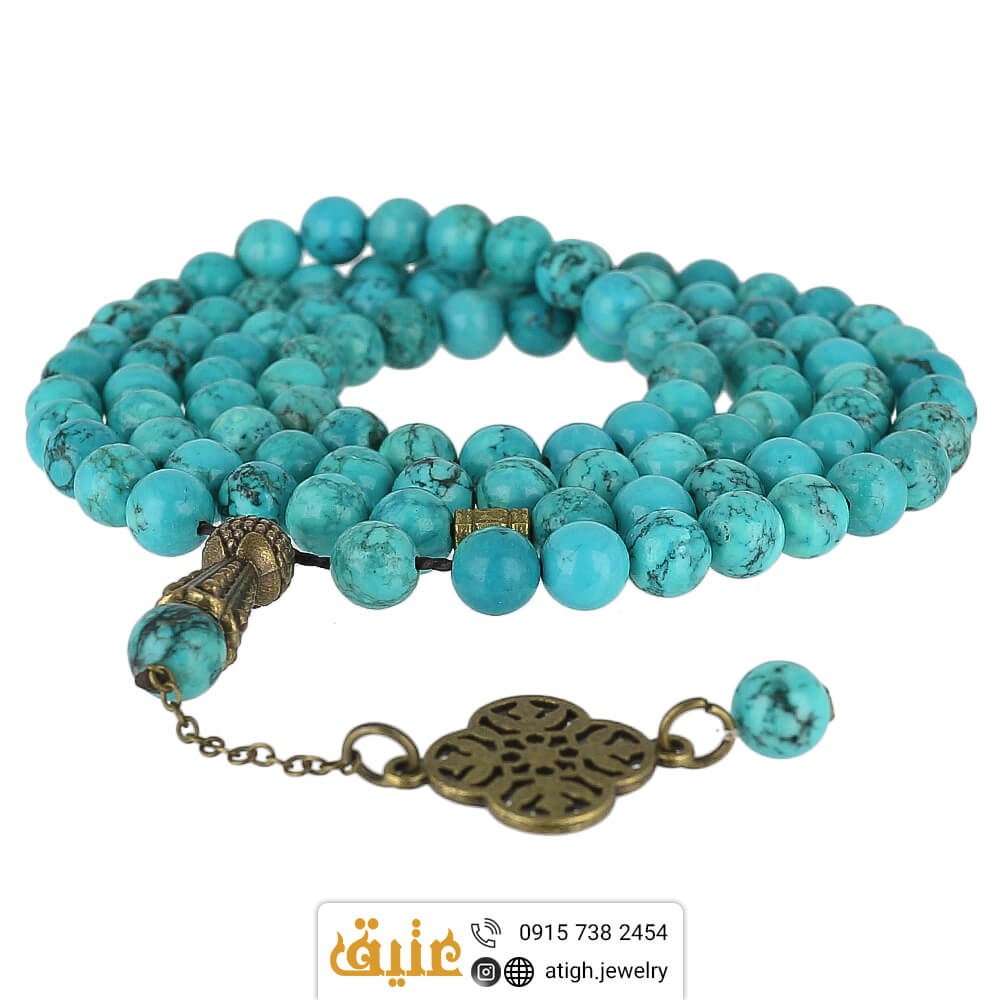 تسبیح لوکس فیروزه مصری معدنی 101 دانه دستساز با نقش و نگار زیبا طبیعی طراحی اسلیمی