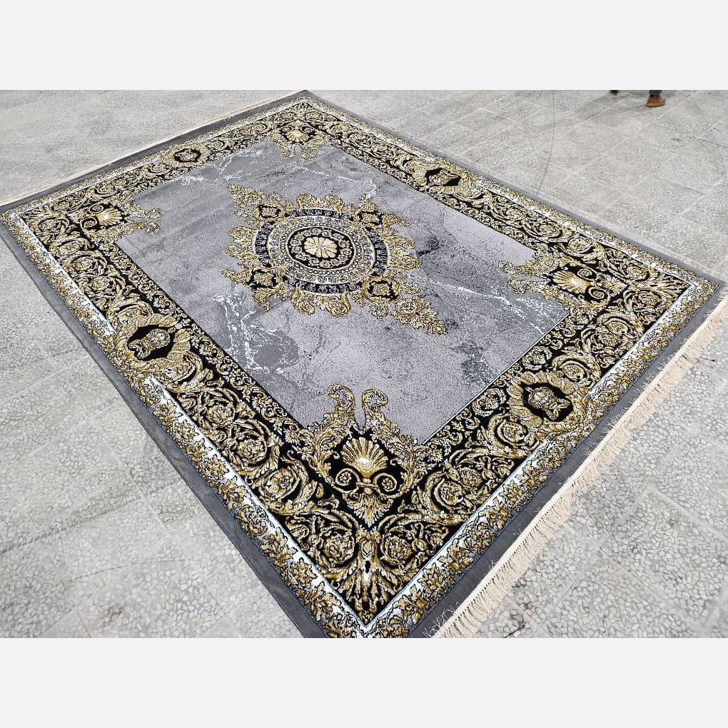فرش مدرن طرح ژیوا ارزان 6متری طوسی طلاکوب