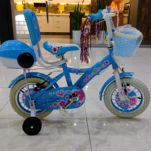 دوچرخه سایز 12 آبی دخترانه سبد پشتی دار طوقه آلومینیوم پره موتوری

