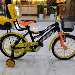دوچرخه سایز 16 مشکی زرد سبد پشتی دار طوقه آلومینیوم پره موتوری


