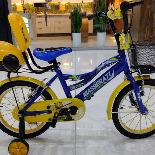دوچرخه سایز 16 آبی زرد سبد پشتی دار طوقه آلومینیوم پره موتوری