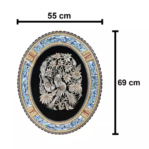 تابلو بیضی لبه دالبری مدل گل و مرغ آبی برجسته خاتم کاری همراه با پلاک قلم زنی روی مسی سایز 2(گارانتی 120 ماهه)