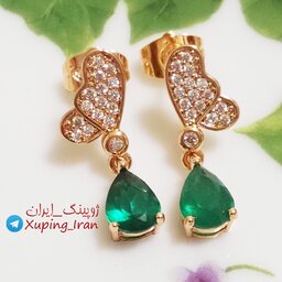 گوشواره ژوپینگ Xuping نگین سبز  زمردی طرح بال پروانه هدیه کادو