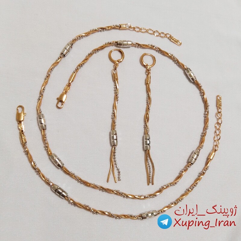 سرویس ژوپینگ طرح طلا بافت Xuping نیم ست شامل گردنبند و دستبند و گوشواره آویز